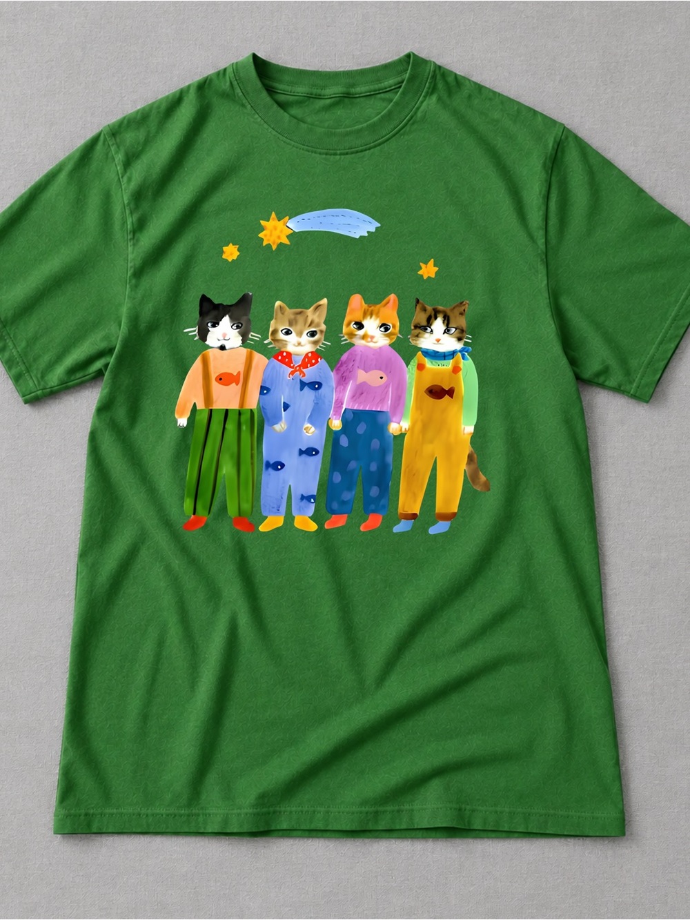 Gildan Green Colorful Cat Graphic Tee, Funny Cat Shirt